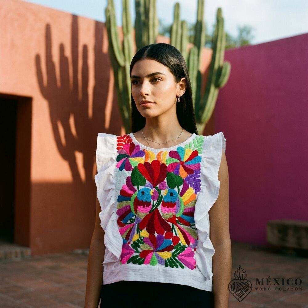White Mexican Cotton Blouse – Talavera Embroidery, Adjustable Back Ties XS-M-L